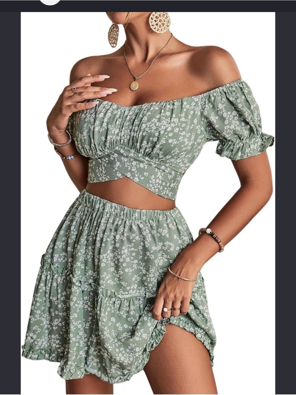 Floral Off-Shoulder Crop Top & Skirt Set - Sage Green
